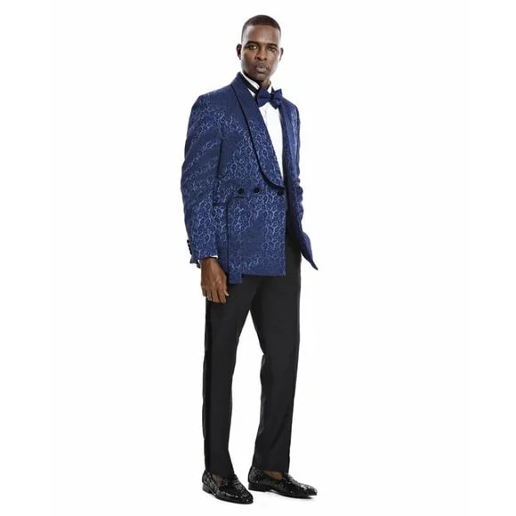 Knot Side Textured Paisley 2pc Tuxedo, Blue - 38 Short Jacket+32 Waist Adjustable 28to34)(Height: 5 4 to5 7 )(Neck  15-16.5)S-M)