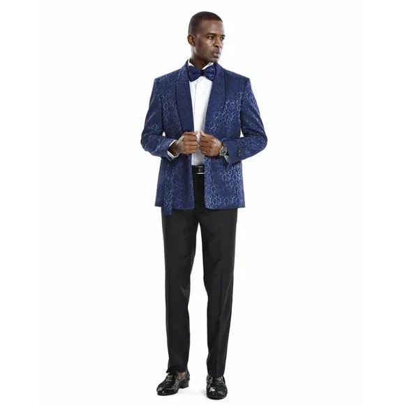 Knot Side Textured Paisley 2pc Tuxedo, Blue - 38 Short Jacket+32 Waist Adjustable 28to34)(Height: 5 4 to5 7 )(Neck  15-16.5)S-M)