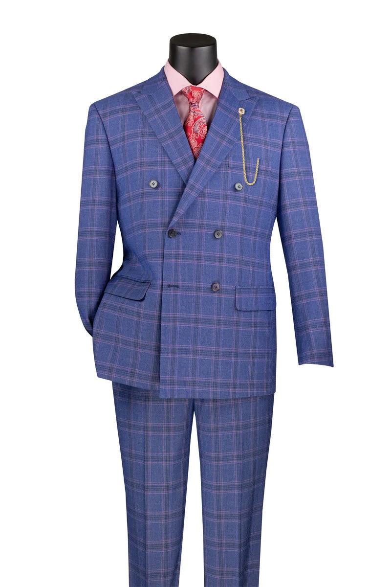 Blue Windowpane Double Breasted Suit - 38 Short  - 32 Waist