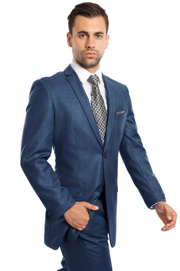 Cheap Priced Suit - Men's Slim Fit Textured Shiny Sharkskin Blue Suit - 38 Short Jacket+32 Waist Adjustable 28to34)(Height: 5 4 to5 7 )(Neck  15-16.5)S-M)