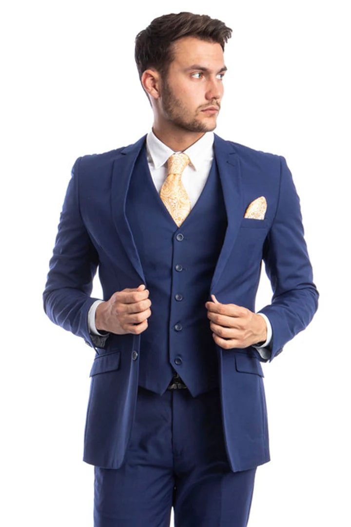 Cheap Suit - Men's Two Button Basic Hybrid Fit Vested Blue Suit