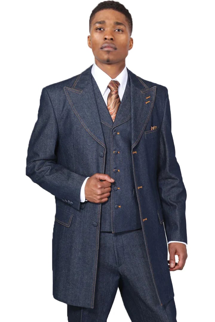 Cheap Suit - Mens Long Vested Denim Jeans Fashion Zoot Blue Suit