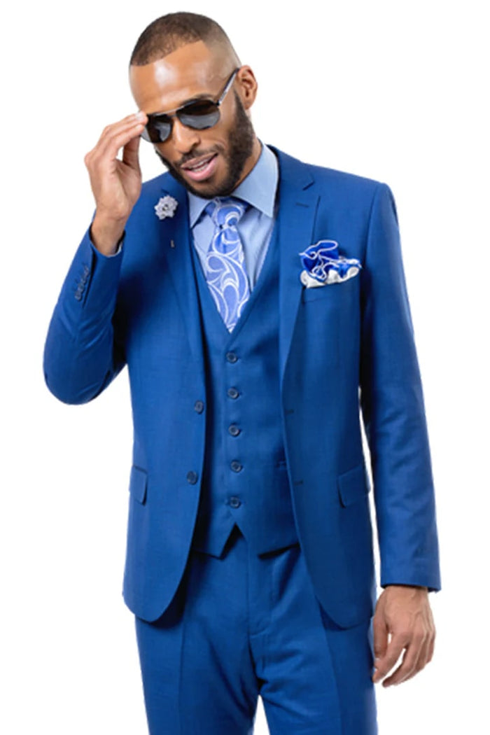 Cheap priced Suit - Mens Two Button Vested Sharkskin Weave Business Blue Suit