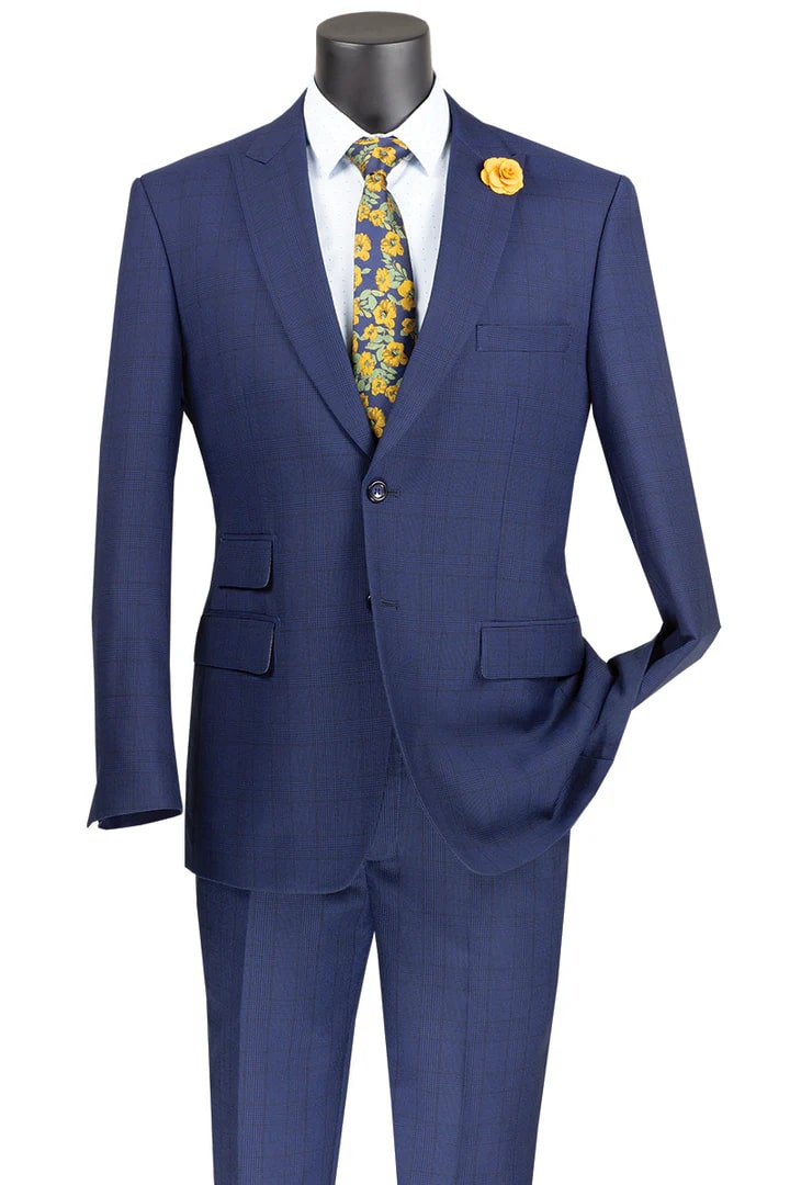Cheap priced Suit - Mens 2 Button Modern Fit Peak Lapel Plaid Blue Suit - 38 Short Jacket+32 Waist Adjustable 28to34)(Height: 5 4 to5 7 )(Neck  15-16.5)S-M)
