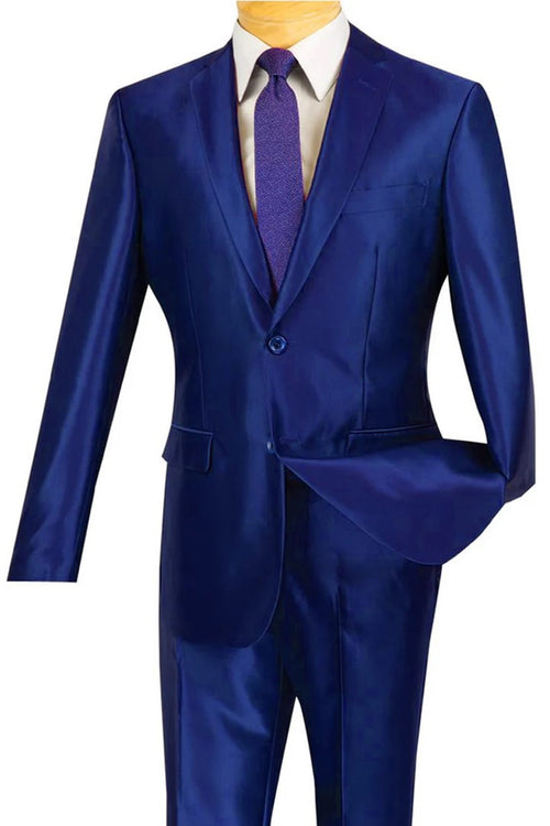 Cheap Priced Suit  - Men's Slim Fit  Shiny Sharkskin Blue Suit