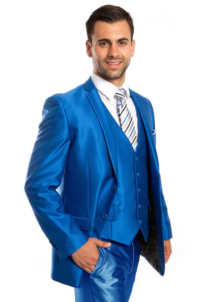 Cheap Priced Suit- Men's Two Button Vested Shiny Sharkskin Wedding & Prom Fashion Blue Suit