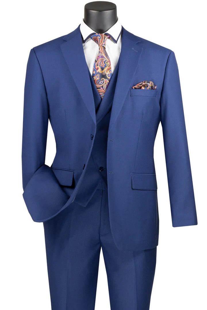 Cheap Suit - Mens 2 Button Modern Fit Blue Suit With Double Breasted Peak Lapel Vest