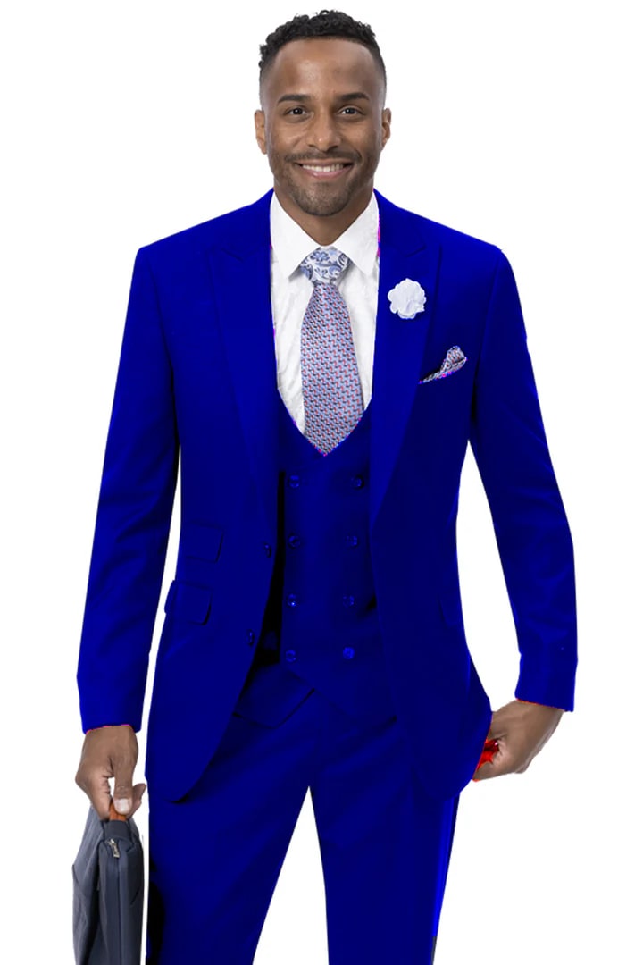 Cheap Suit - Mens Modern Two Button Vested Peak Lapel Blue Suit With Double Breasted Vest