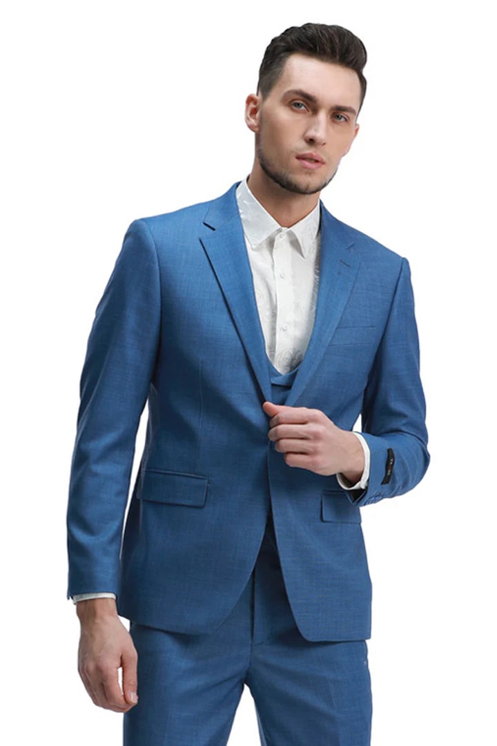 Cheap Suit - Men's One Button Double Breasted Vest Slim Fit Sharkskin Wedding Blue Suit