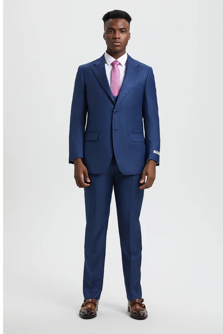 Cheap Priced Suit - Men's Two Button Vested Stacy Adams Designer Sharkskin Blue Suit - 38 Short Jacket+32 Waist Adjustable 28to34)(Height: 5 4 to5 7 )(Neck  15-16.5)S-M)