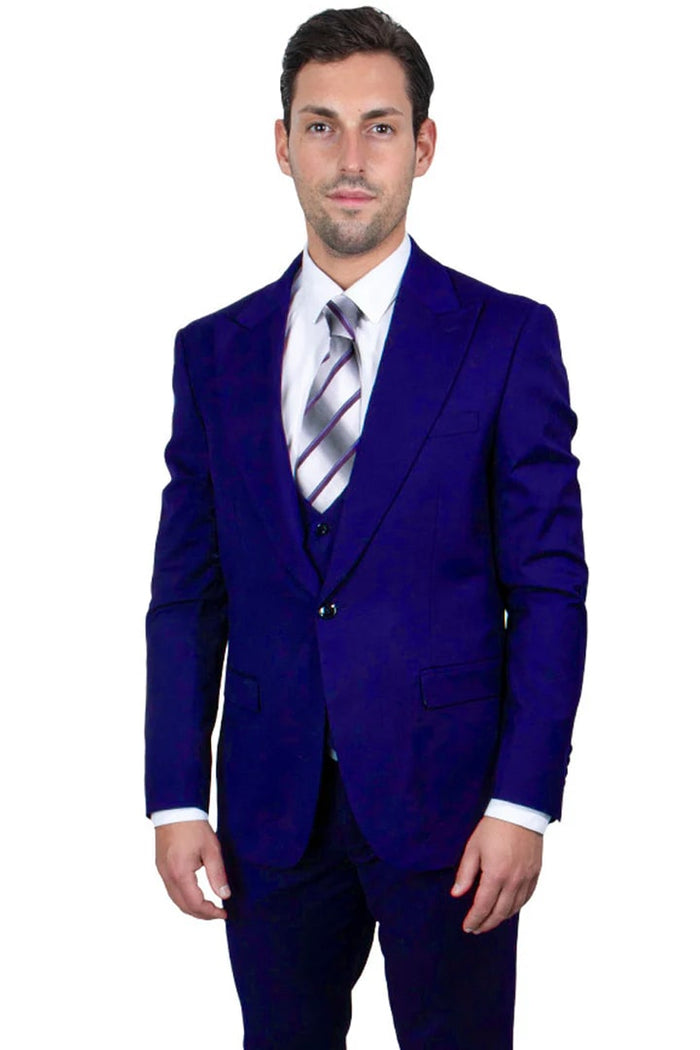 Cheap priced Suit  - Men's Vested One Button Peak Lapel Stacy Adams Blue Suit