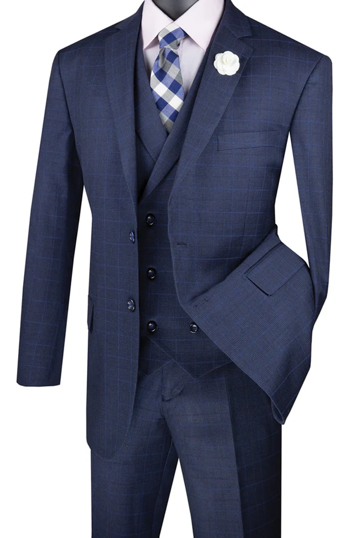 Cheap priced Suit - Mens 2 Button Double Breasted Vest Plaid Blue Suit - 38 Short Jacket+32 Waist Adjustable 28to34)(Height: 5 4 to5 7 )(Neck  15-16.5)S-M)