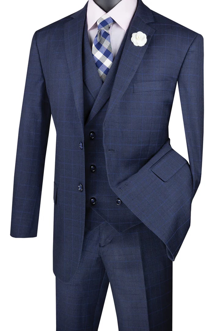 Cheap Suit - Mens 2 Button Double Breasted Vest Plaid Blue Suit