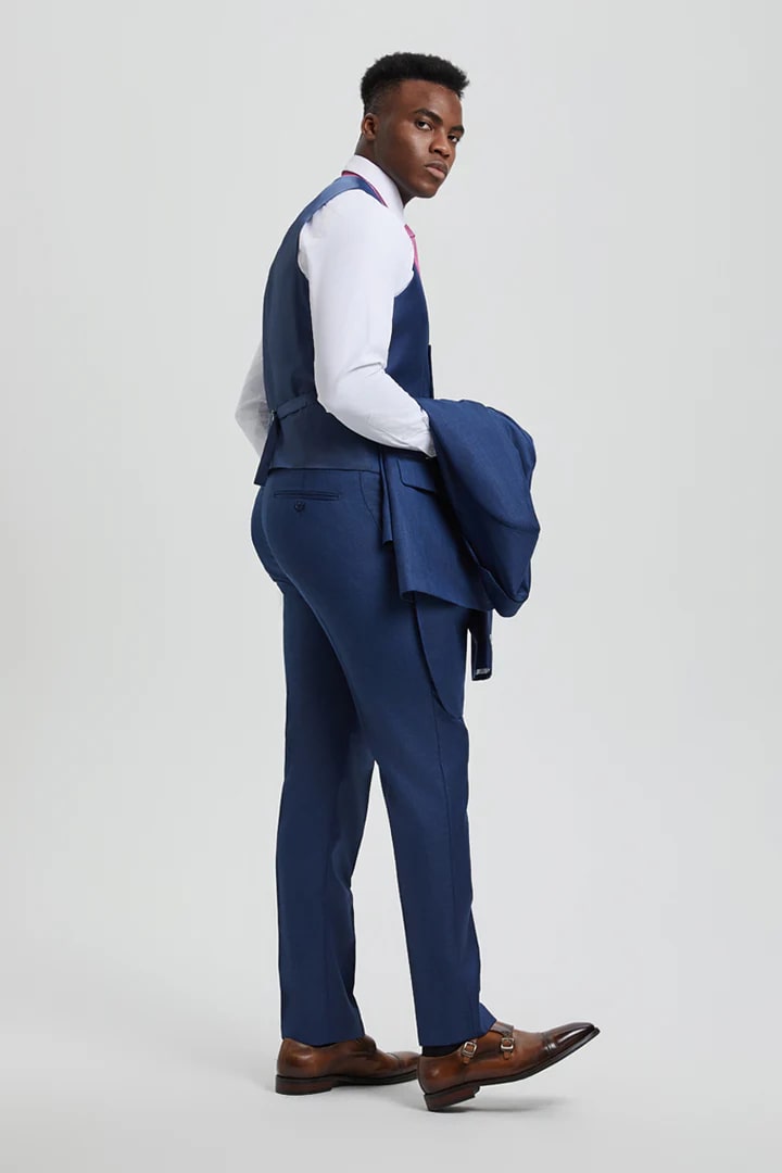 Cheap Priced Suit - Men's Two Button Vested Stacy Adams Designer Sharkskin Blue Suit - 38 Short Jacket+32 Waist Adjustable 28to34)(Height: 5 4 to5 7 )(Neck  15-16.5)S-M)