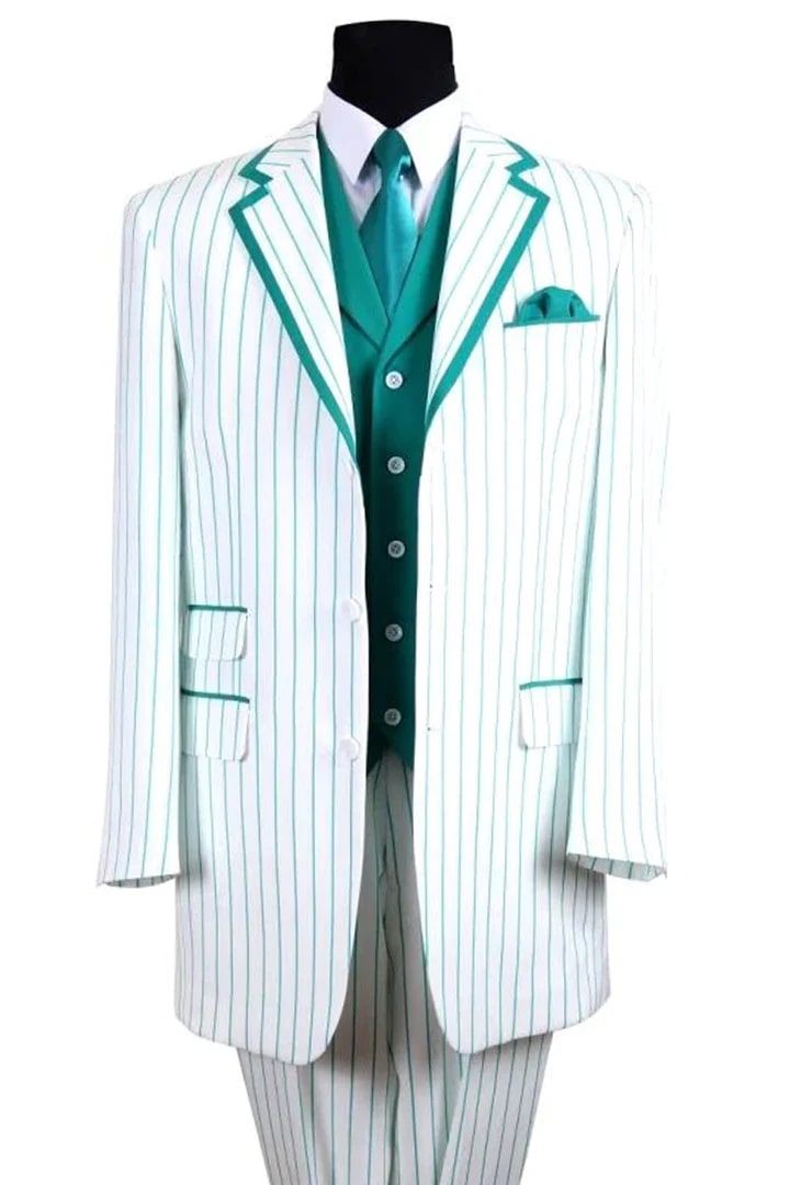 Cheap Priced Suit  Mens 3 Button Vested Barbershop Quartet Suin In White With Blue Turquoise Pinstripes - 38 Short Jacket+32 Waist Adjustable 28to34)(Height: 5 4 to5 7 )(Neck  15-16.5)S-M)