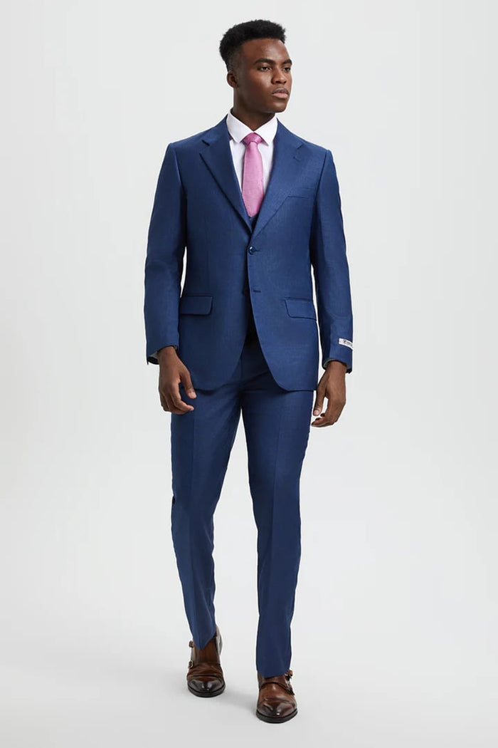 Cheap Priced Suit - Men's Two Button Vested Stacy Adams Designer Sharkskin Blue Suit