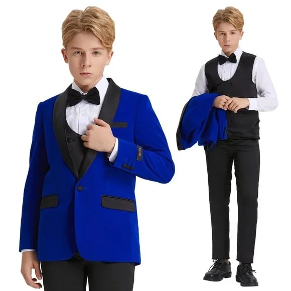 5pc Blue Boys Velvet Tuxedo Includes Bowtie Slim Fit by Tazio