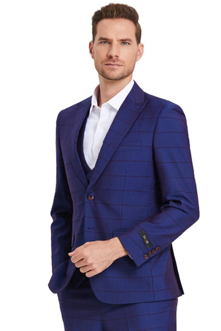 Cheap Suit - Men's Two Button Vested Peak Lapel Sharkskin Blue Suit  Windowpane Plaid