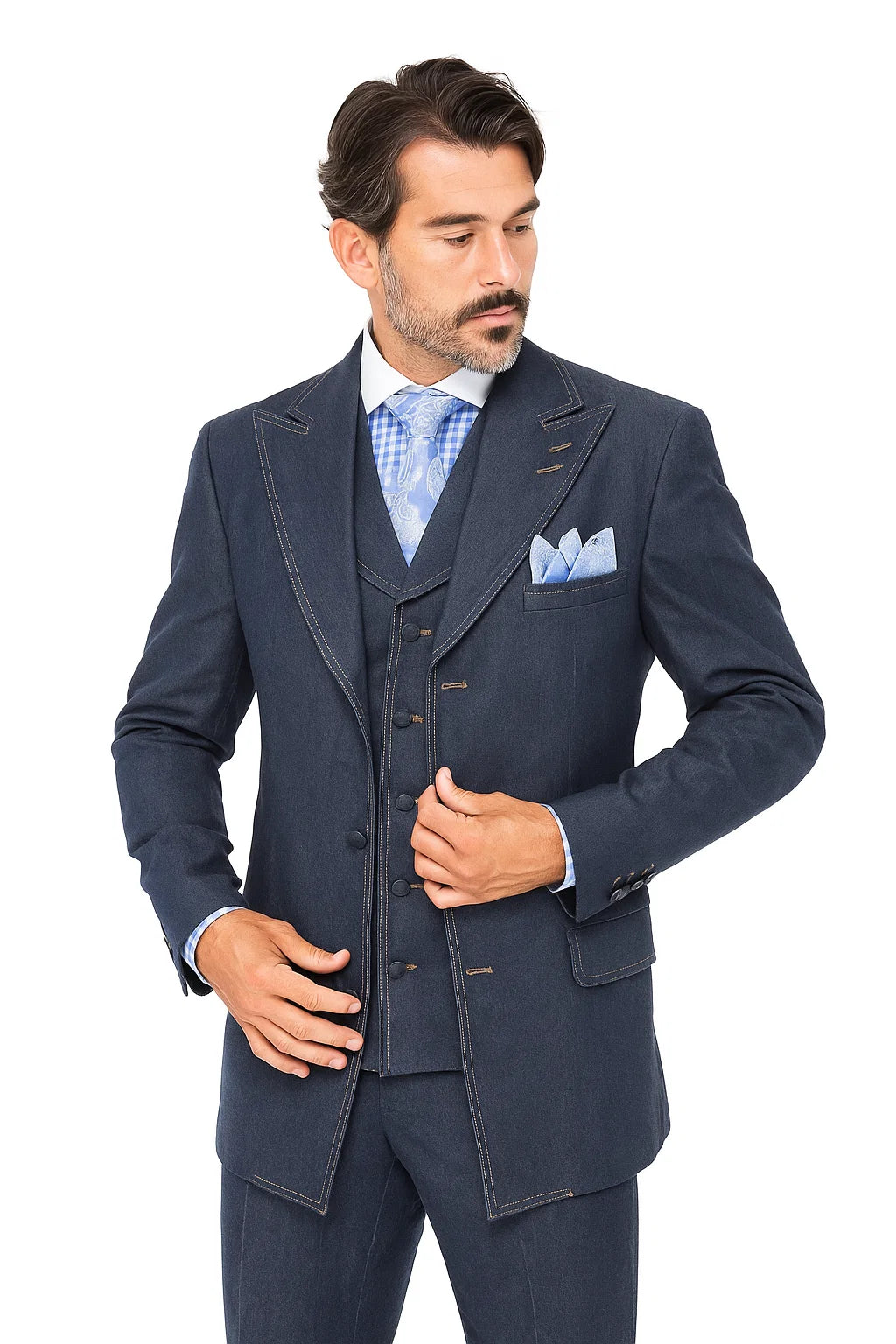 Men's Blue Denim 3-Piece Outfit – Cotton Double Vent Jacket & Pant - 38 Regular