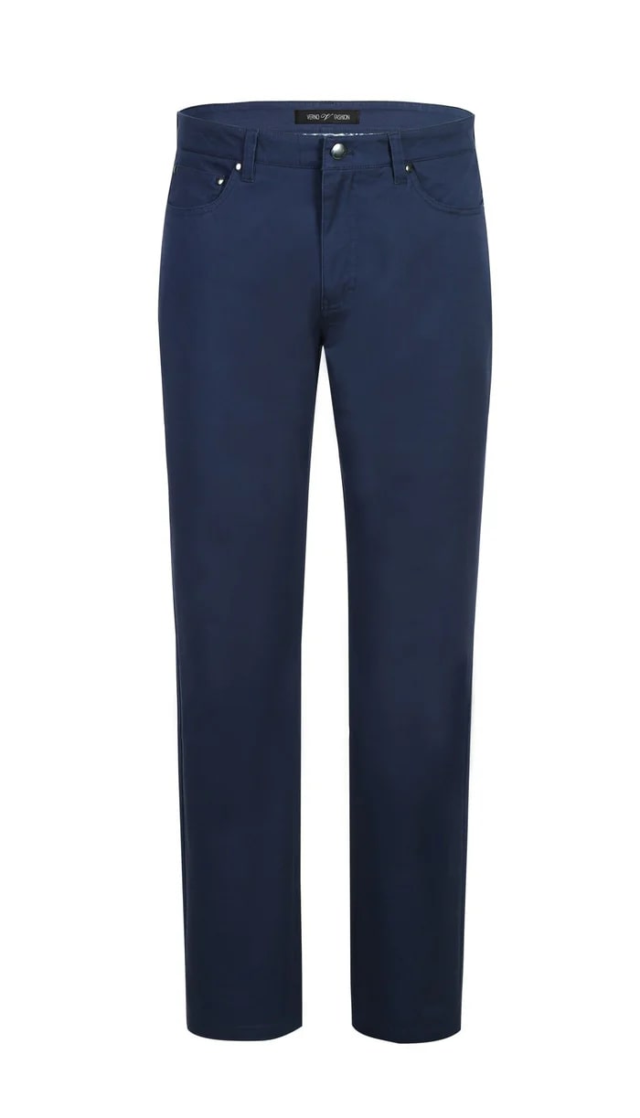 Stretch Cotton Flat Front Pants Straight Legs in Blue