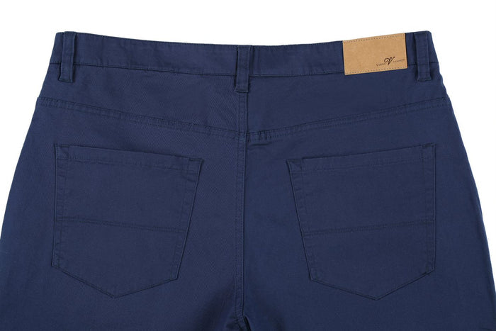 Stretch Cotton Flat Front Pants Straight Legs in Blue