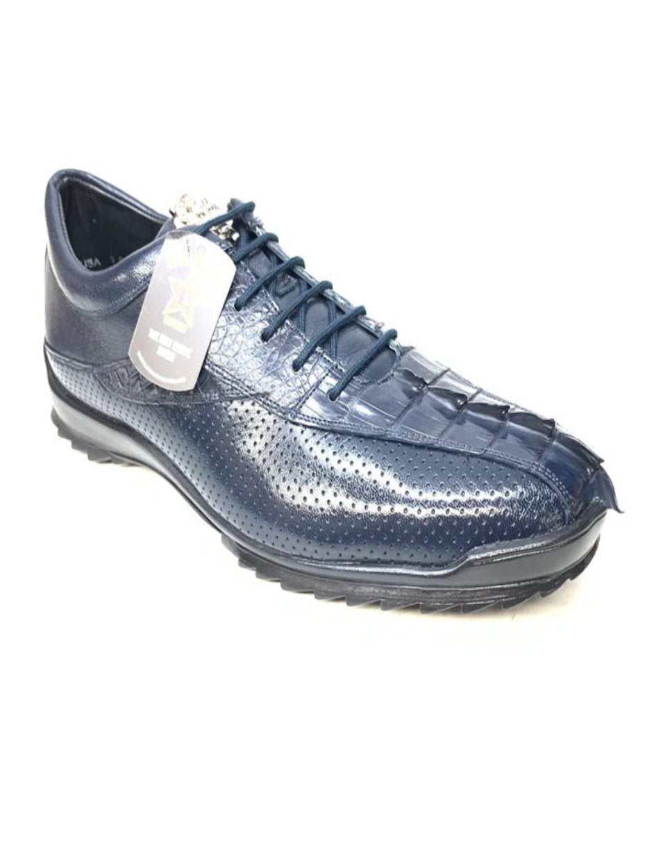 Los Altos Navy Blue Perforated Crocodile Tail Sneakers - 7