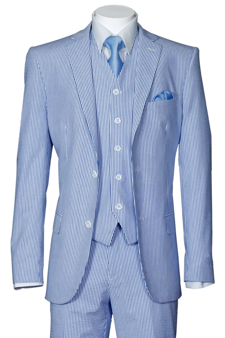 Cheap priced Suit - Mens 2 Button Vested Summer Seersucker Blue Suit - 38 Short Jacket+32 Waist Adjustable 28to34)(Height: 5 4 to5 7 )(Neck  15-16.5)S-M)