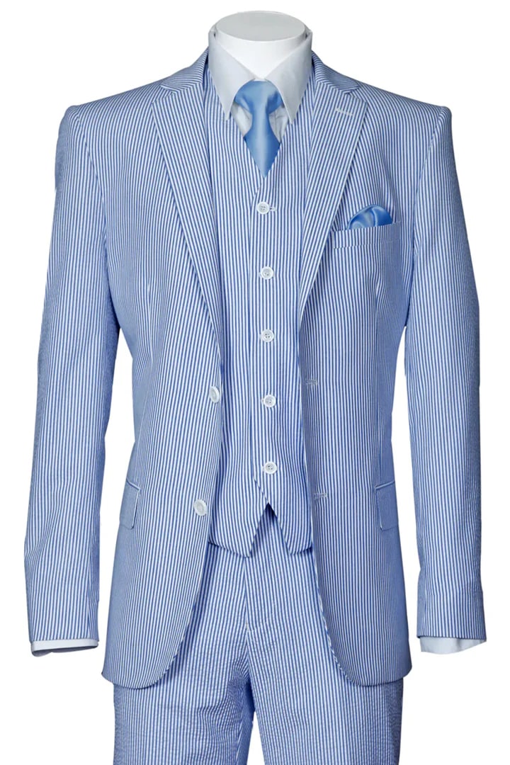 Cheap Suit - Mens 2 Button Vested Summer Seersucker Blue Suit