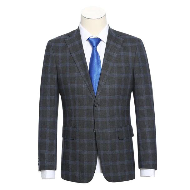 Designer Brand - Stretch performance Single Breasted Slim Fit Charcoal and Blue Plaid Suit