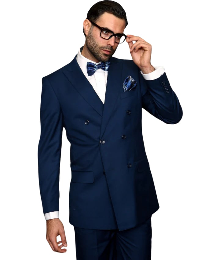 Men's Blue Statement Blue Suit Double Breasted Classic Fit Pleated Pants - 38 Short Jacket+32 Waist Adjustable 28to34)(Height: 5 4 to5 7 )(Neck  15-16.5)S-M)
