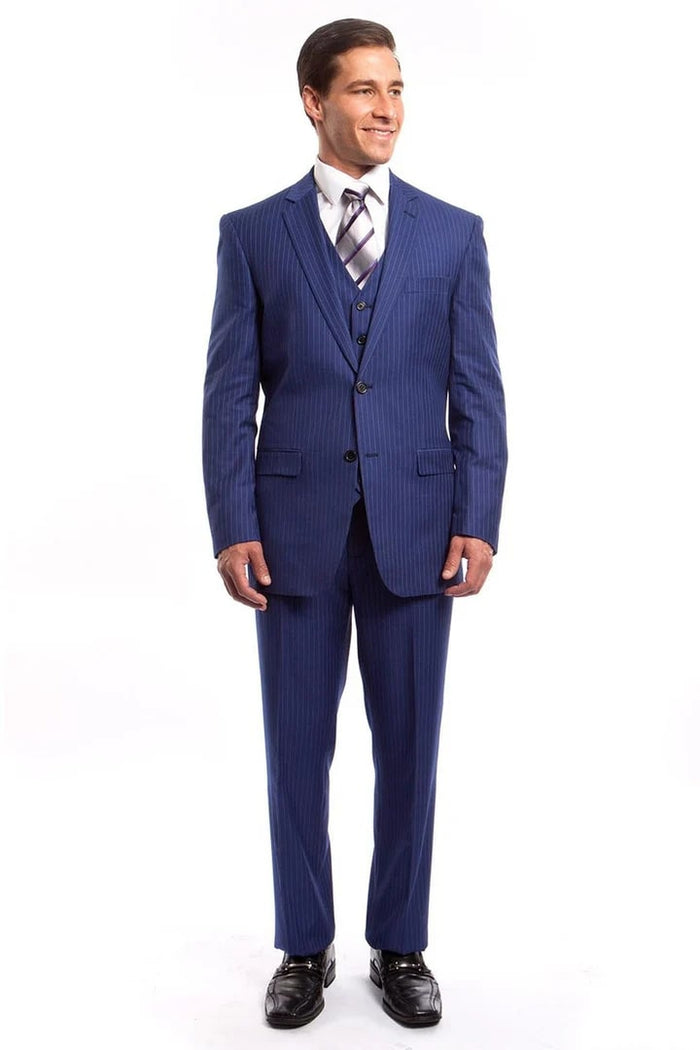 Cheap Priced Suit- Men's Two Button Vested Business French Blue Pinstripe Suit