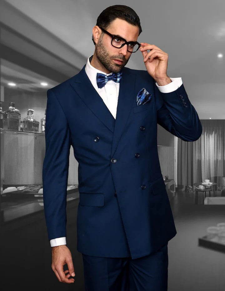 Men's Blue Statement Blue Suit Double Breasted Classic Fit Pleated Pants