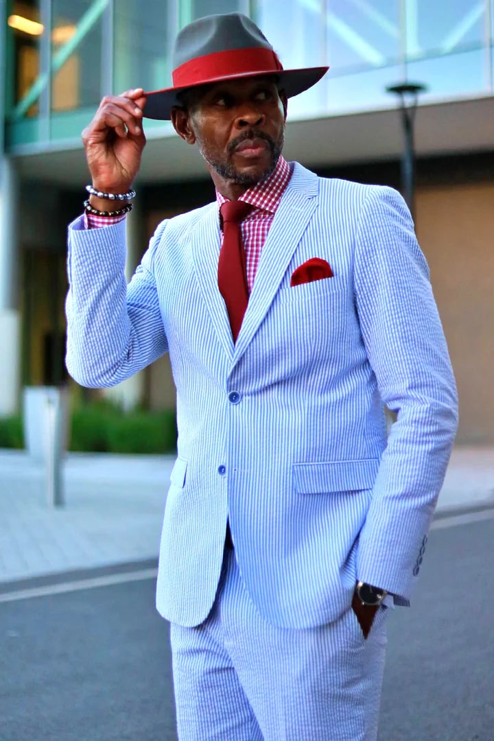 Cheap priced Suit - Mens Classic Summer Seersucker Pinstripe Blue Suit - 38 Short Jacket+32 Waist Adjustable 28to34)(Height: 5 4 to5 7 )(Neck  15-16.5)S-M)