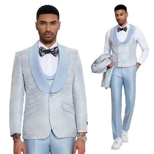 2025 Prom 2025 Special Blue Tuxedo Suit w/ Double-Breasted Vest by Tazzio