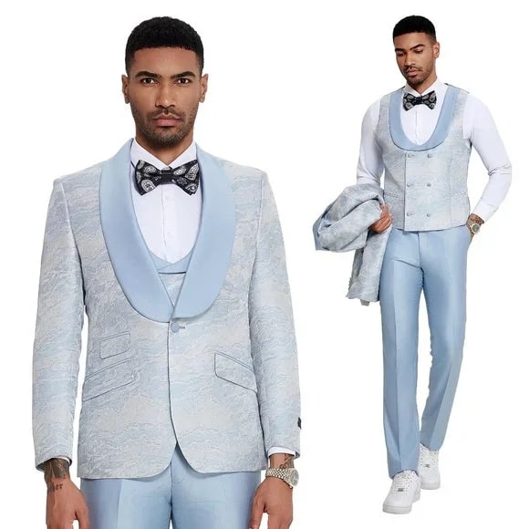 2024 Prom Special Blue Tuxedo Suit w/ Double-Breasted Vest by Tazzio