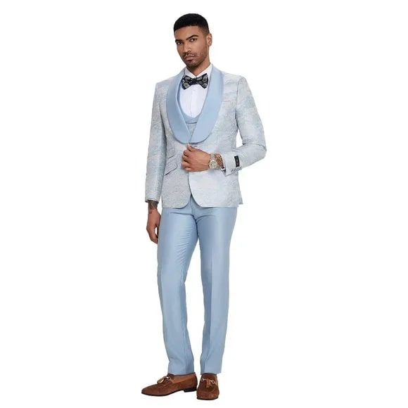 2024 Prom Special Blue Tuxedo Suit w/ Double-Breasted Vest by Tazzio