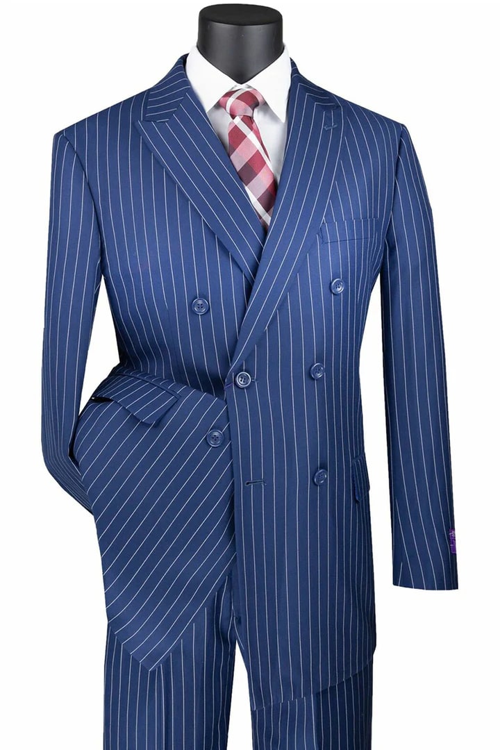 Cheap Suit - Mens Double Breasted Gangster Bold Pinstripe Blue Suit