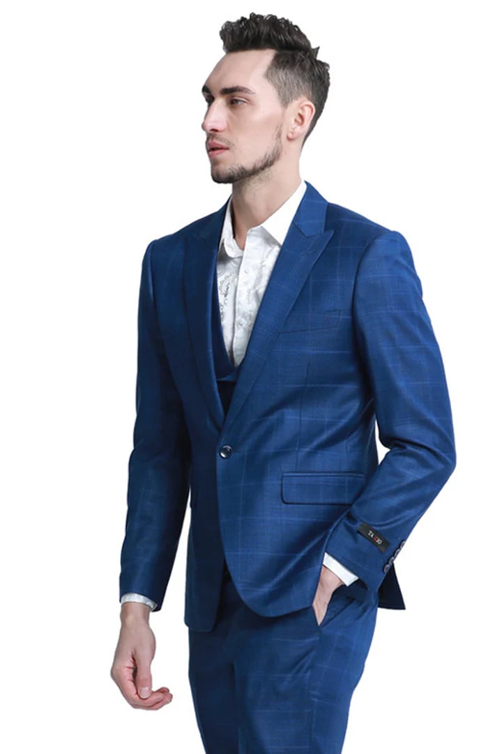 Cheap priced Suit  - Men's One Button Slim Fit Double Breasted Vest  Blue Plaid Suit - 38 Short Jacket+32 Waist Adjustable 28to34)(Height: 5 4 to5 7 )(Neck  15-16.5)S-M)