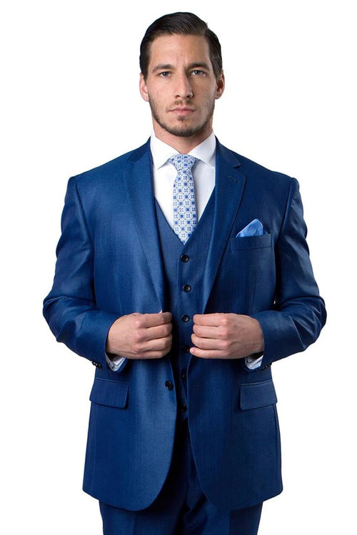 Cheap Priced Suit - Men's Two Button Vested Textured Sharkskin Business Blue Suit
