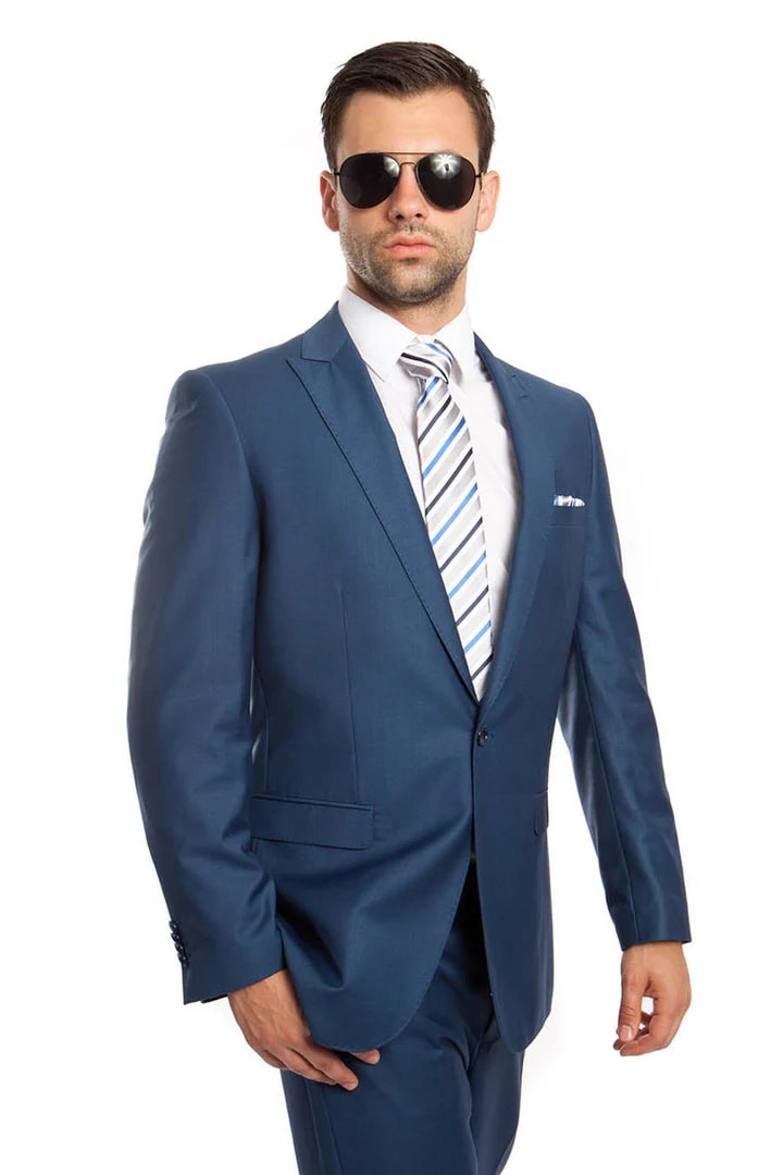 Cheap Priced Suit  - Men's Slim Fit One Button Peak Lapel Blue Suit - 38 Short Jacket+32 Waist Adjustable 28to34)(Height: 5 4 to5 7 )(Neck  15-16.5)S-M)