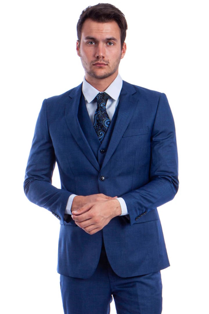 Cheap Suit - Men's Two Button Hybrid Fit Vested Sharkskin Wedding & Business Blue Suit