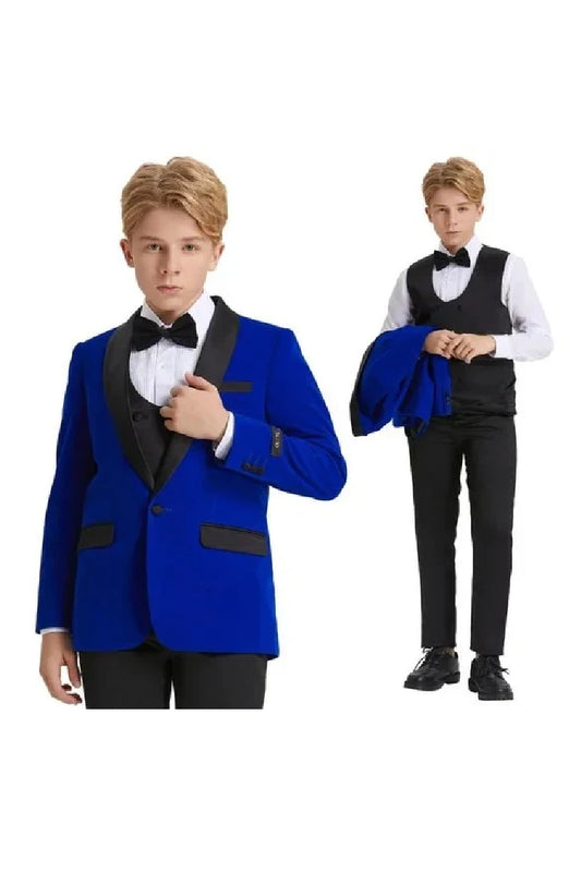 5pc Blue Boys Velvet Tuxedo Includes Bowtie Slim Fit by Tazio