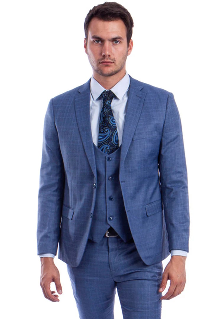 Cheap Suit - Men's Two Button Vested Skinny Fit Suit With Low Cut Vest In Blue Plaid