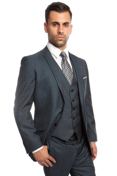 Cheap Priced Suit- Men's Two Button Vested Business Sharkskin Blue Suit