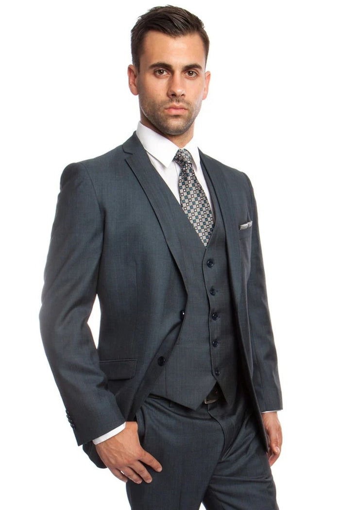 Cheap Priced Suit- Men's Two Button Vested Business Sharkskin Blue Suit