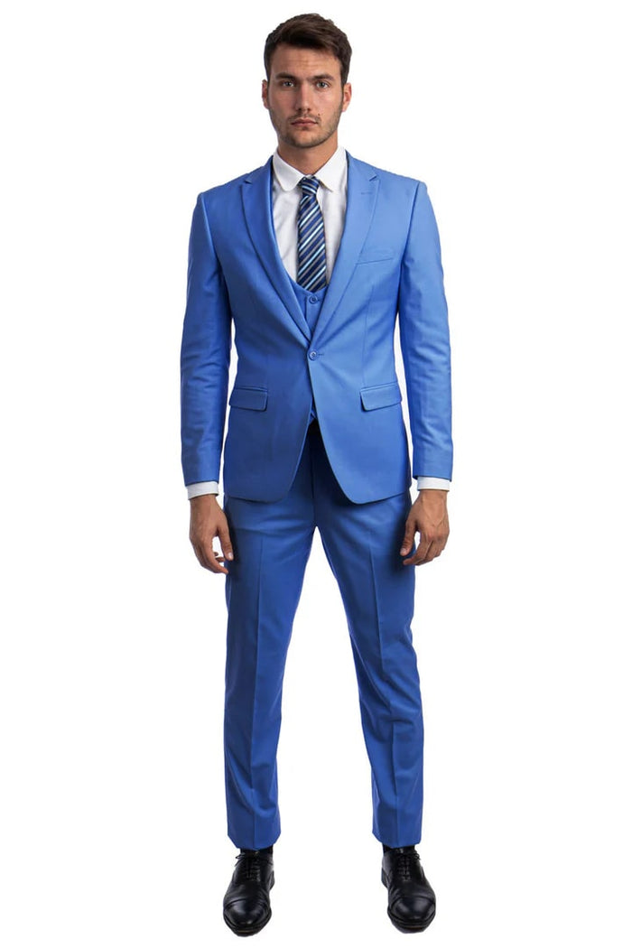 Cheap priced Suit - Men's One Button Peak Lapel Skinny Wedding & Prom 2026 Blue Suit With Lowcut Vest
