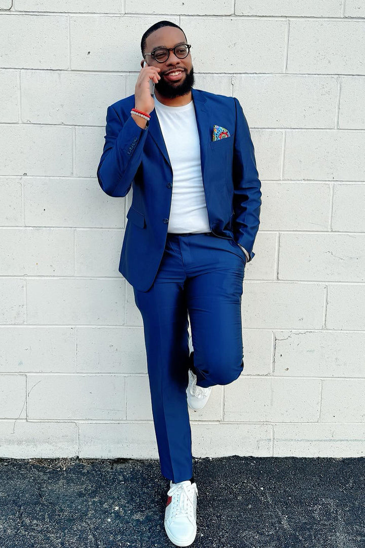 Cheap Priced Suit  - Men's Slim Fit  Shiny Sharkskin Blue Suit - 38 Short Jacket+32 Waist Adjustable 28to34)(Height: 5 4 to5 7 )(Neck  15-16.5)S-M)