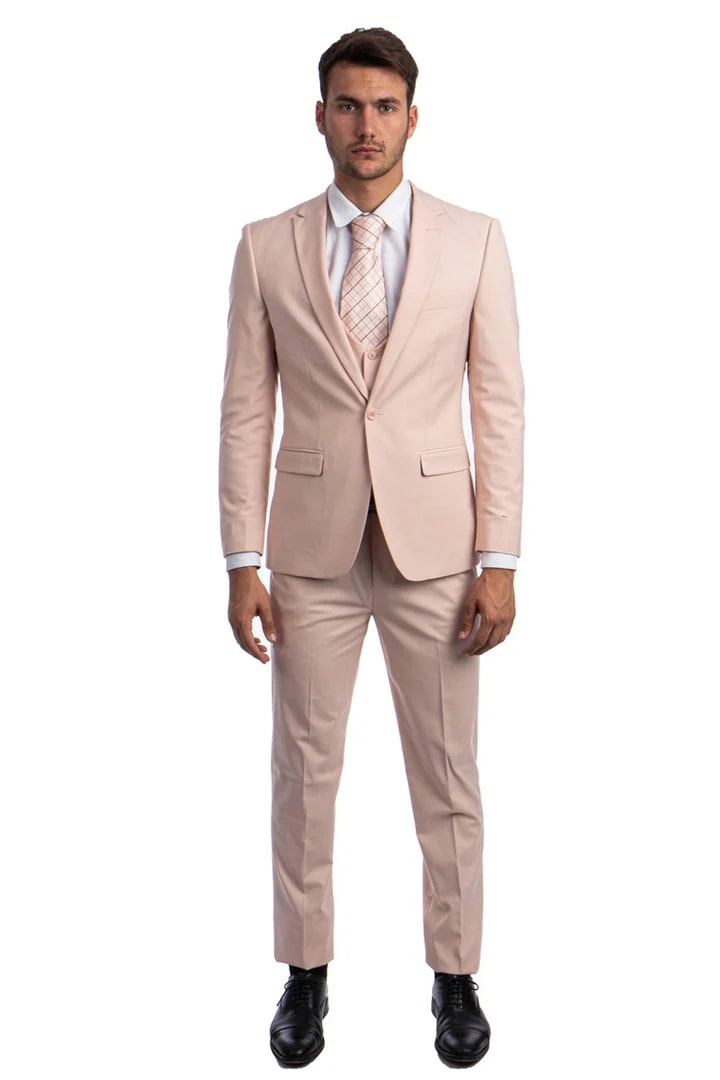 Cheap Suit - Men's One Button Peak Lapel Skinny Wedding & Prom Blush Suit With Lowcut Vest