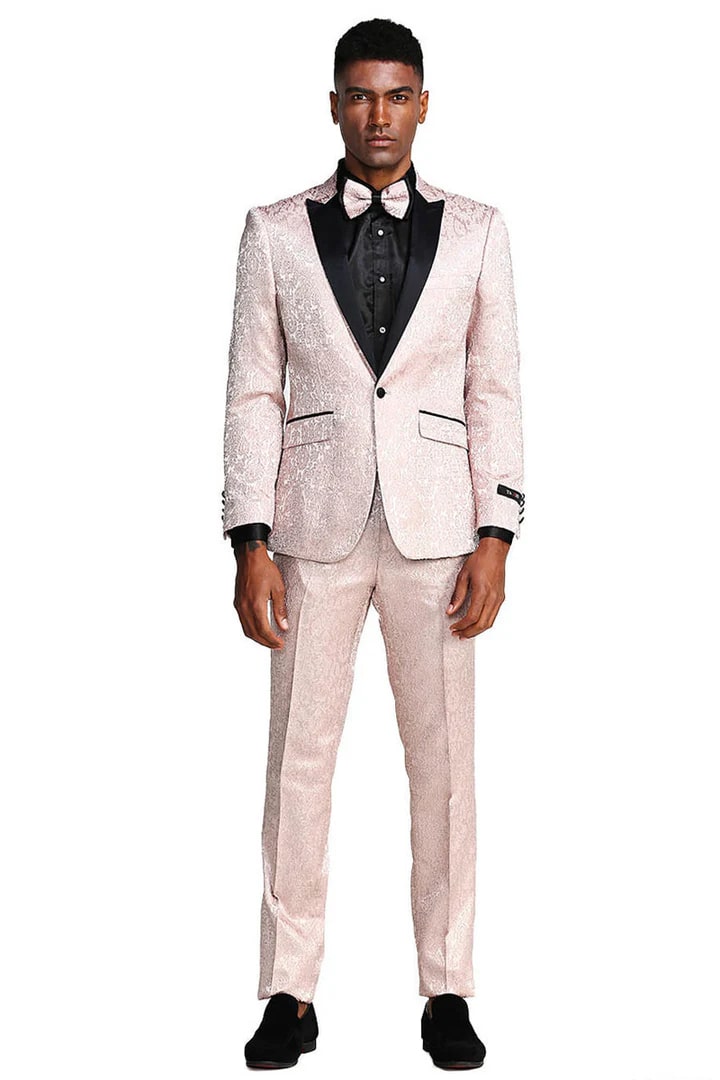Cheap priced Suit- Men's One Button Slim Fit Paisley Wedding & Prom 2025 Blush Tuxedo - 38 Short Jacket+32 Waist Adjustable 28to34)(Height: 5 4 to5 7 )(Neck  15-16.5)S-M)