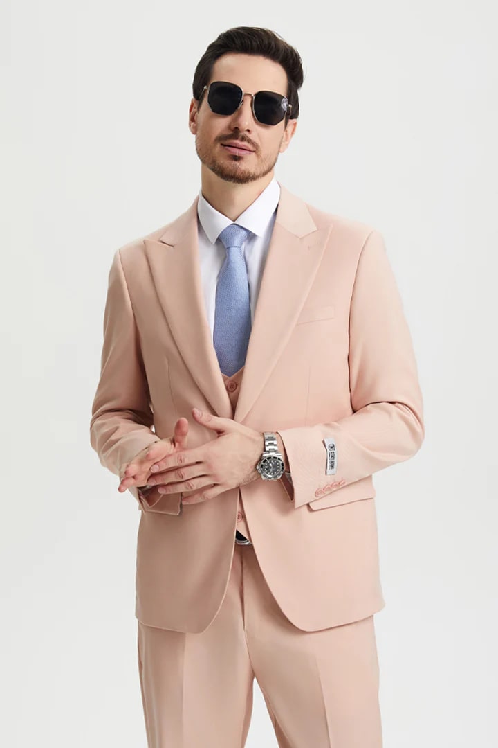Cheap Priced Suit - Men's Vested One Button Peak Lapel Stacy Adams Designer Pink Suit - 38 Short Jacket+32 Waist Adjustable 28to34)(Height: 5 4 to5 7 )(Neck  15-16.5)S-M)